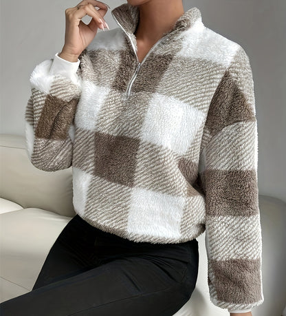 Plaid Off-shoulder Half Zipper Sweater