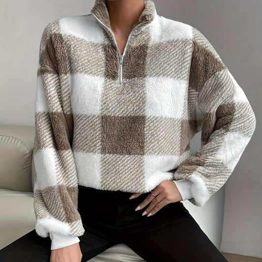 Plaid Off-shoulder Half Zipper Sweater