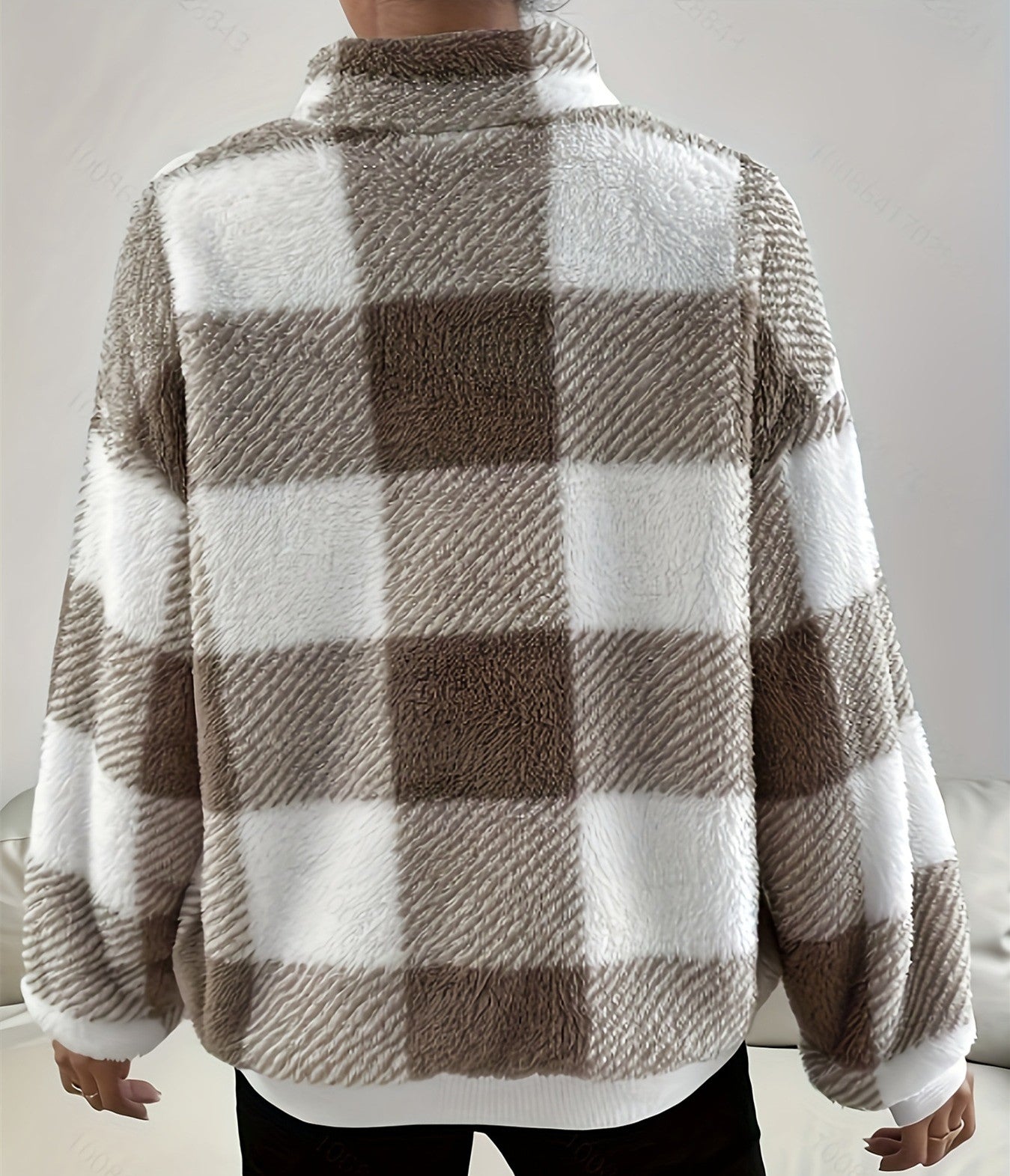 Plaid Off-shoulder Half Zipper Sweater