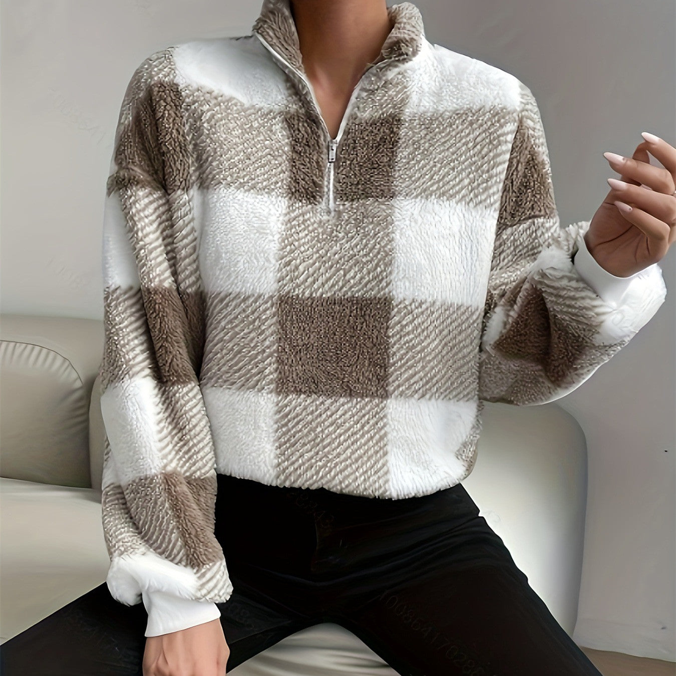 Plaid Off-shoulder Half Zipper Sweater