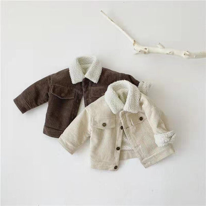 New Korean Style Winter Overcoat for Kids - Fleece-lined Thickened Lamb Wool Corduroy Clothes